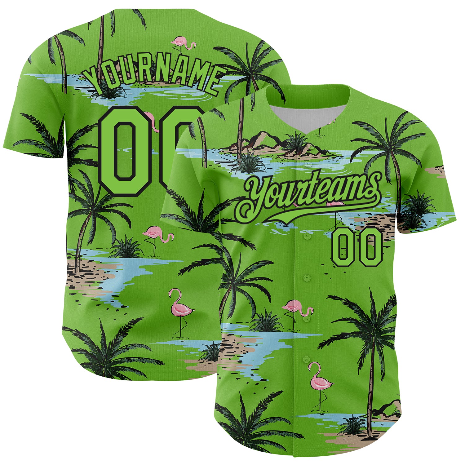 Custom Name and Number Tropical Palm Trees 3D Pattern Design Baseball Jersey - Personalized Neon Green and Black Personalized