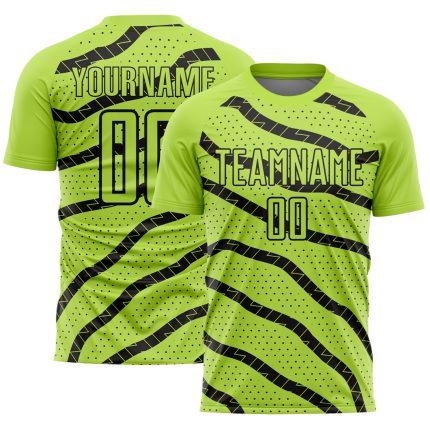 Custom Name and Number Soccer Uniform Jersey - Personalized Neon Green with Black Lines and Dots Design Personalized Neon
