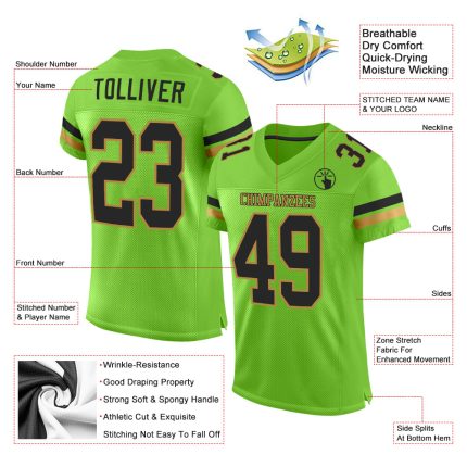 Custom Neon Green and Black Football Jersey with Team Name & Number - Authentic Mesh Jersey Personalized Neon Green Black-Old