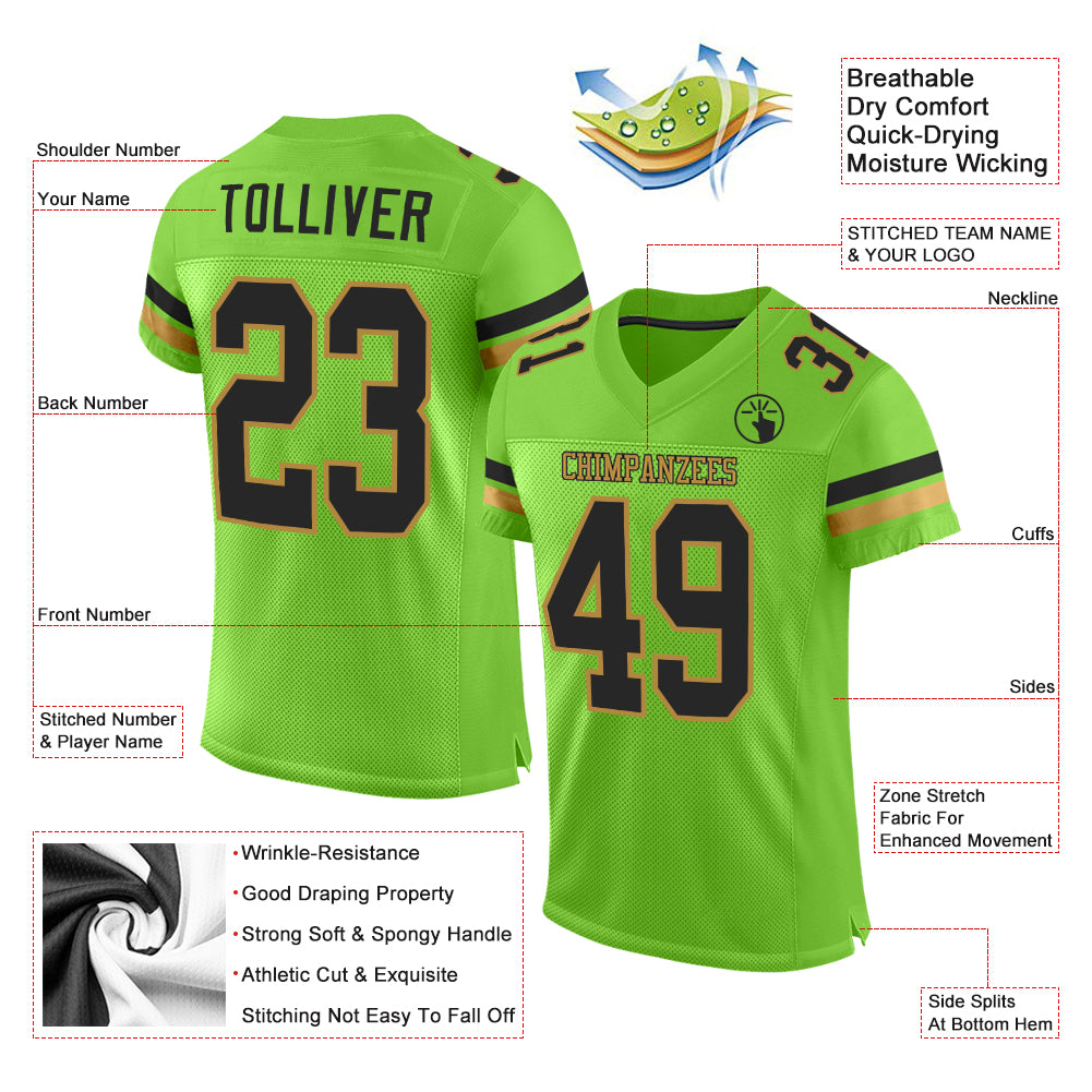 Personalized Neon Green Black-Old Gold Mesh Authentic Football Jersey Team Custom Name and Number Custom Neon Green and Black Football Jersey with Team Name & Number - Authentic Mesh Jersey Personalized Neon Green Black-Old - Image 2
