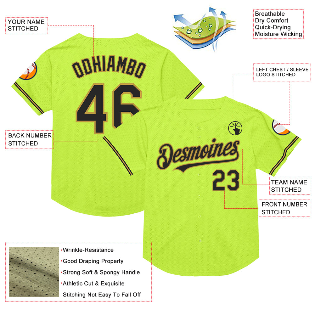 Personalized Neon Green Black-Old Gold Mesh Authentic Throwback Baseball Jersey Team Custom Name and Number Custom Name Number Throwback Baseball Jersey Neon Green Black Old Gold Mesh Personalized Team Apparel Personalized Neon Green - Image 3