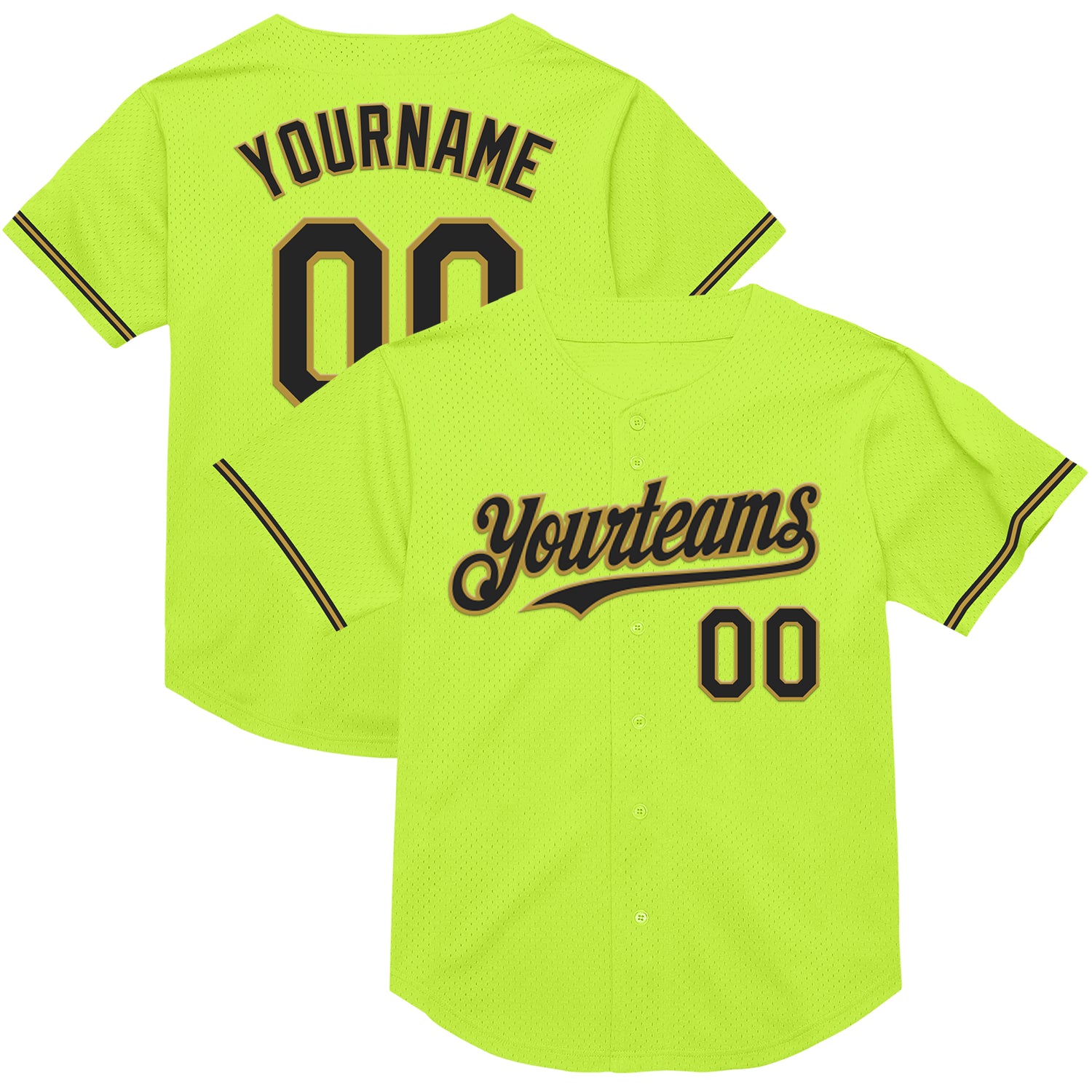 Custom Name Number Throwback Baseball Jersey Neon Green Black Old Gold Mesh Personalized Team Apparel Personalized Neon Green