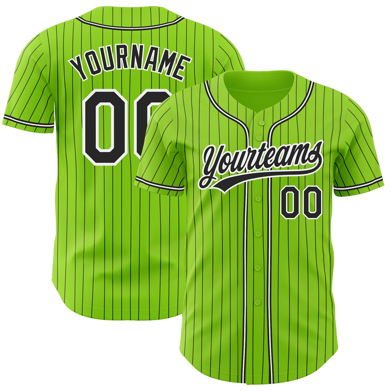 Personalized Black-White Baseball Jersey with Neon Green Pinstripes - Authentic Design Personalized Neon Green Black Pinstripe