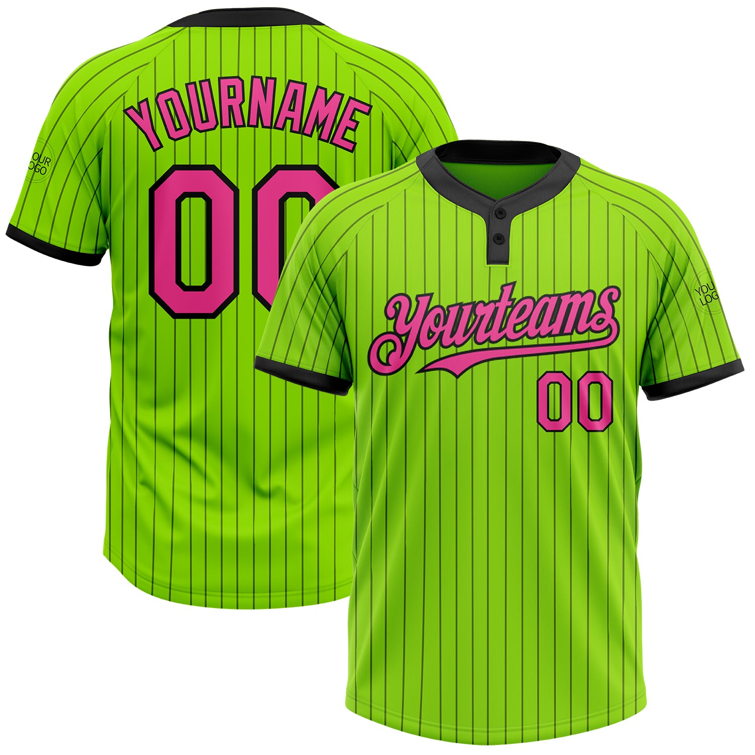 Custom Name and Number Softball Jersey Unisex Two-Button Neon Green Black Pinstripe Personalized Neon Green Black Pinstripe
