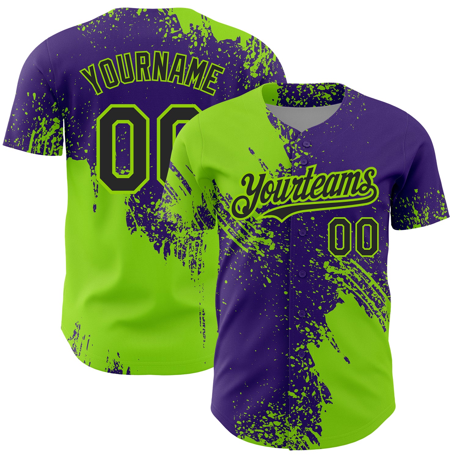 Custom Name & Number Authentic Baseball Jersey with 3D Neon Green Black Purple Brush Stroke Design Personalized Neon Green