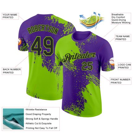 Custom Team Performance T-Shirt with Personalized Name & Number, Neon Green Black-Purple 3D Brush Stroke Design Personalized