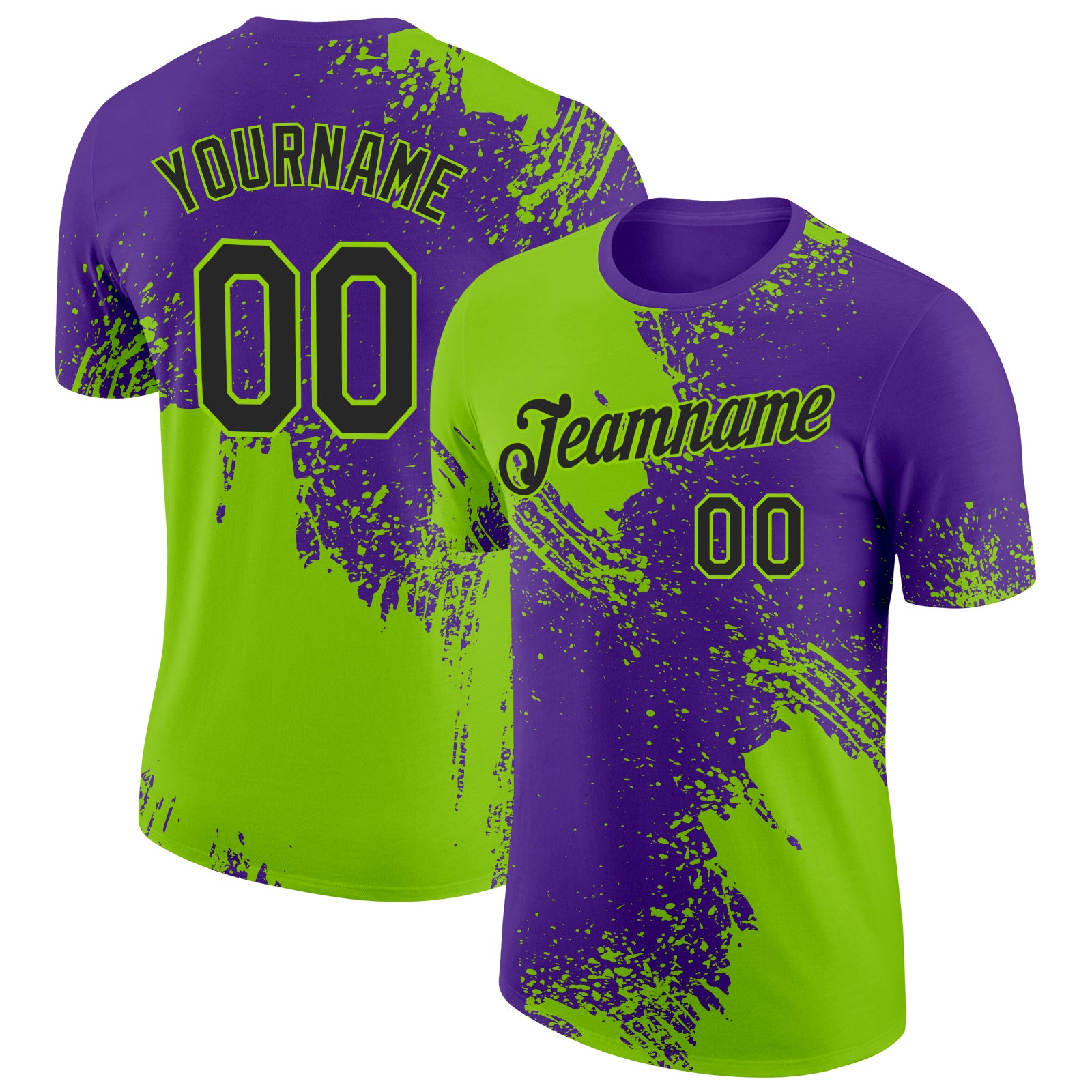 Custom Team Performance T-Shirt with Personalized Name & Number, Neon Green Black-Purple 3D Brush Stroke Design Personalized