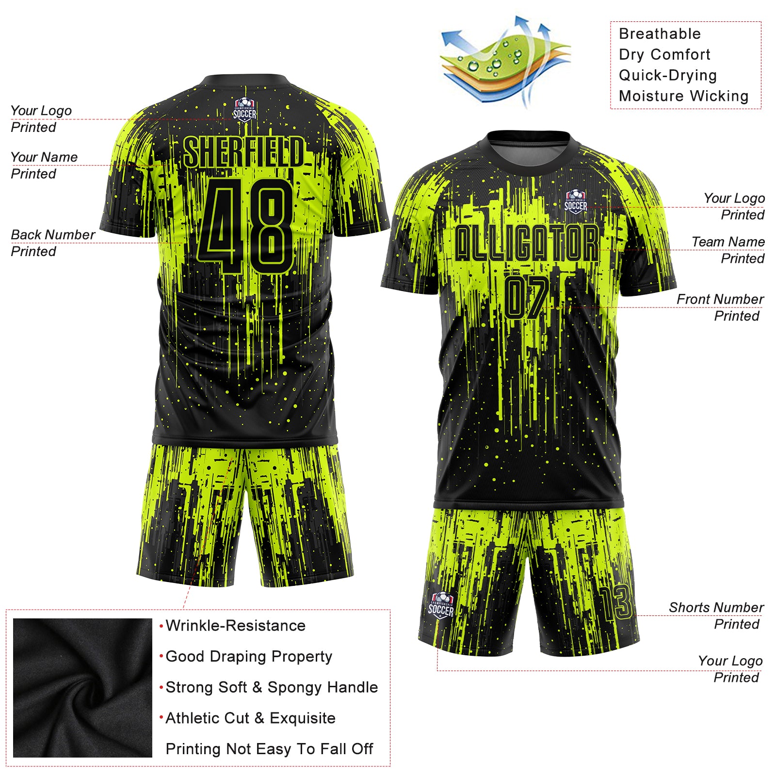 Personalized Neon Green Black Sublimation Soccer Uniform Jersey Team Custom Name and Number 7380 Custom Neon Green Black Soccer Jersey with Personalized Name and Number - Team Uniform 7380 Personalized Neon Green Black - Image 5