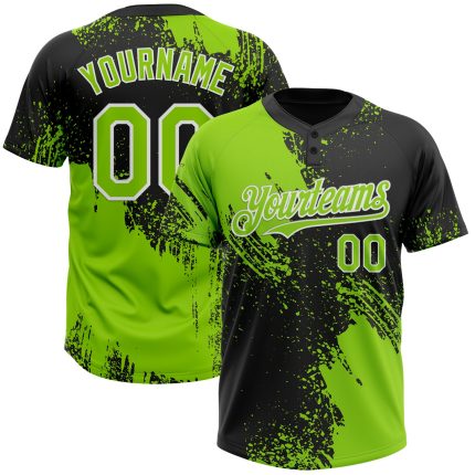Custom Name Number 3D Pattern Brush Stroke Unisex Softball Jersey in Neon Green Black White - Personalized Two-Button Design