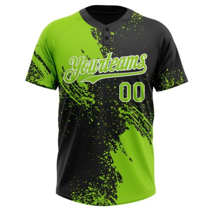 Custom Name Number 3D Pattern Brush Stroke Unisex Softball Jersey in Neon Green Black White - Personalized Two-Button Design