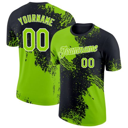 Custom Neon Green 3D Abstract Brush Stroke Performance T-Shirt with Team Name and Number Personalized Neon Green Black-White