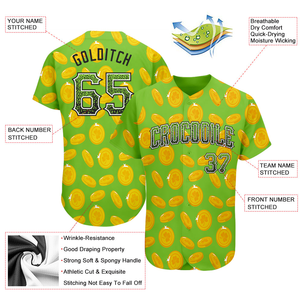 Personalized Neon Green Black-White 3D Pattern Design Authentic St. Patrick's Day Drift Fashion Baseball Jersey Team Custom Name and Number Custom St. Patricks Day Baseball Jersey with 3D Pattern Design, Personalized Neon Green, Black & White, Team Name and Number - Image 3