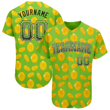 Custom St. Patricks Day Baseball Jersey with 3D Pattern Design, Personalized Neon Green, Black & White, Team Name and Number