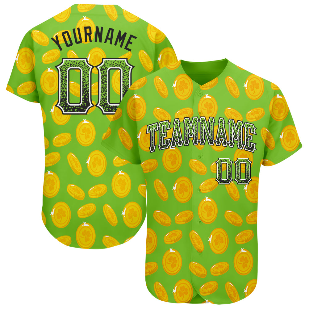 Custom St. Patricks Day Baseball Jersey with 3D Pattern Design, Personalized Neon Green, Black & White, Team Name and Number