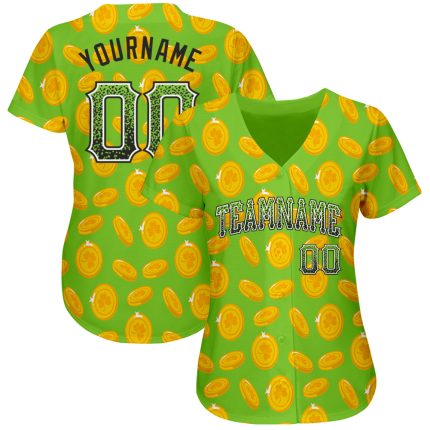 Custom St. Patricks Day Baseball Jersey with 3D Pattern Design, Personalized Neon Green, Black & White, Team Name and Number