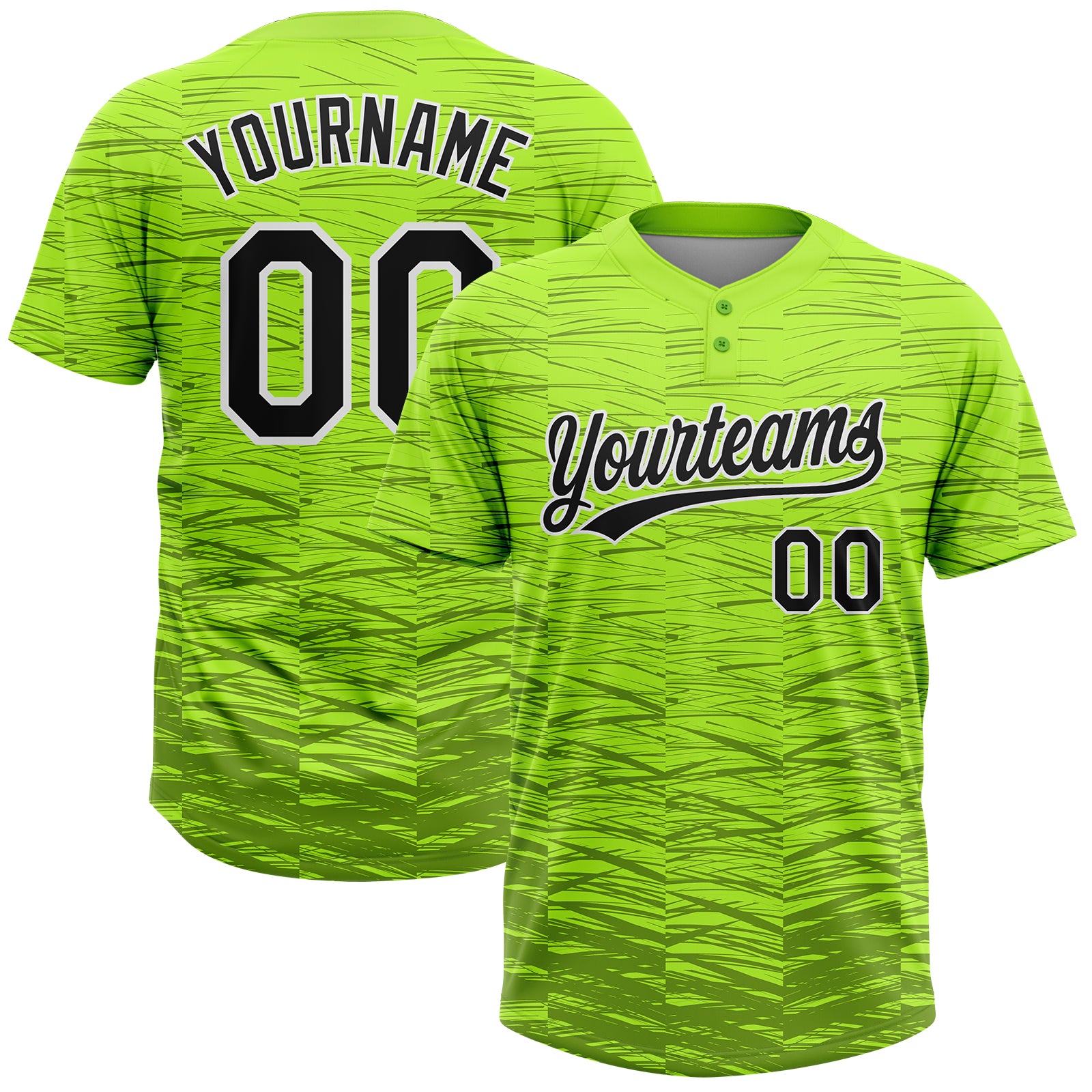 Custom Name Number Unisex Softball Jersey - Personalized 3D Pattern in Neon Green Black-White, Two-Button Design Personalized