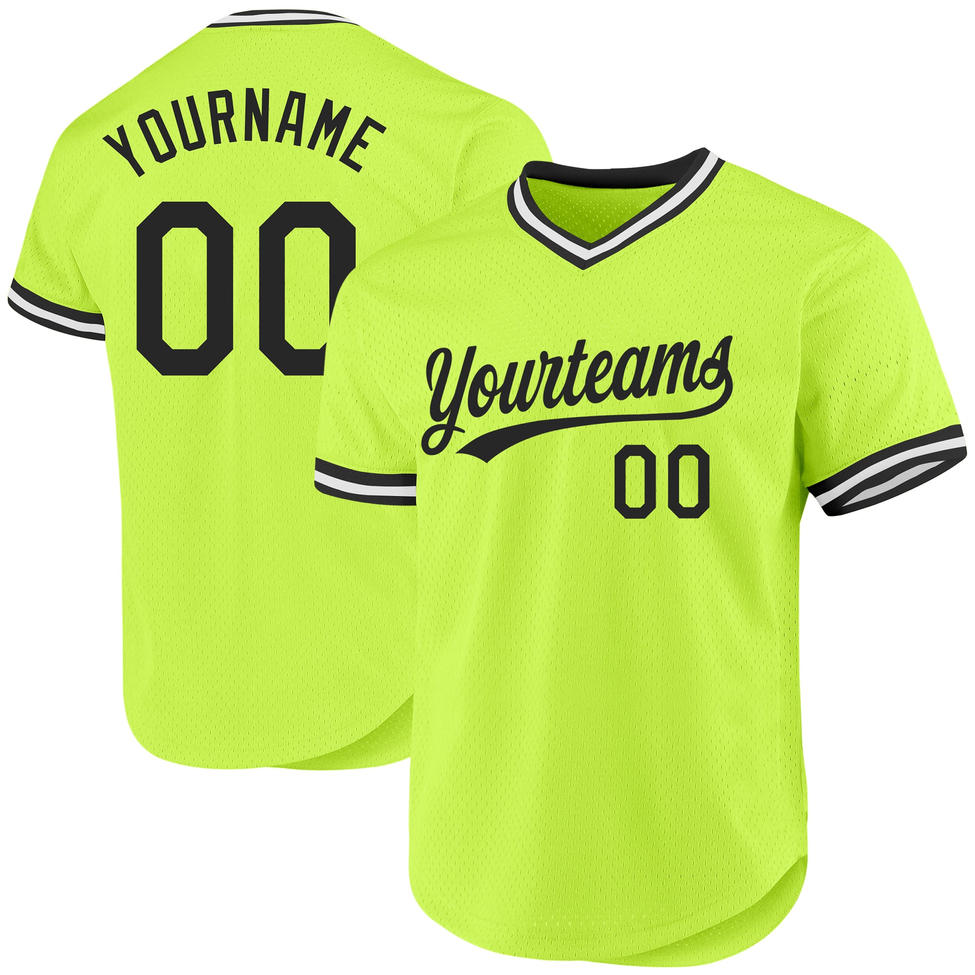 Custom Name and Number Authentic Throwback Baseball Jersey in Neon Green Black White Personalized Neon Green Black-White