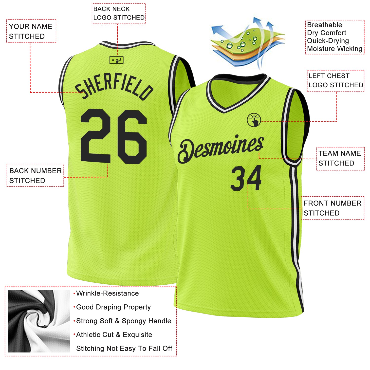 Personalized Neon Green Black-White Authentic Throwback Basketball Jersey Personalized Neon Green Black White Basketball Jersey - Authentic Throwback Style Personalized Neon Green Black-White Authentic - Image 3