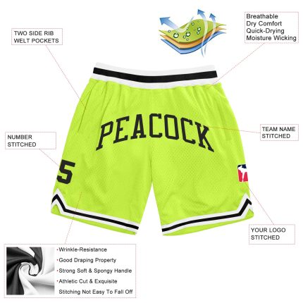 Custom Team Name Number Basketball Shorts Authentic Throwback Neon Green Black-White Personalized Neon Green Black-White