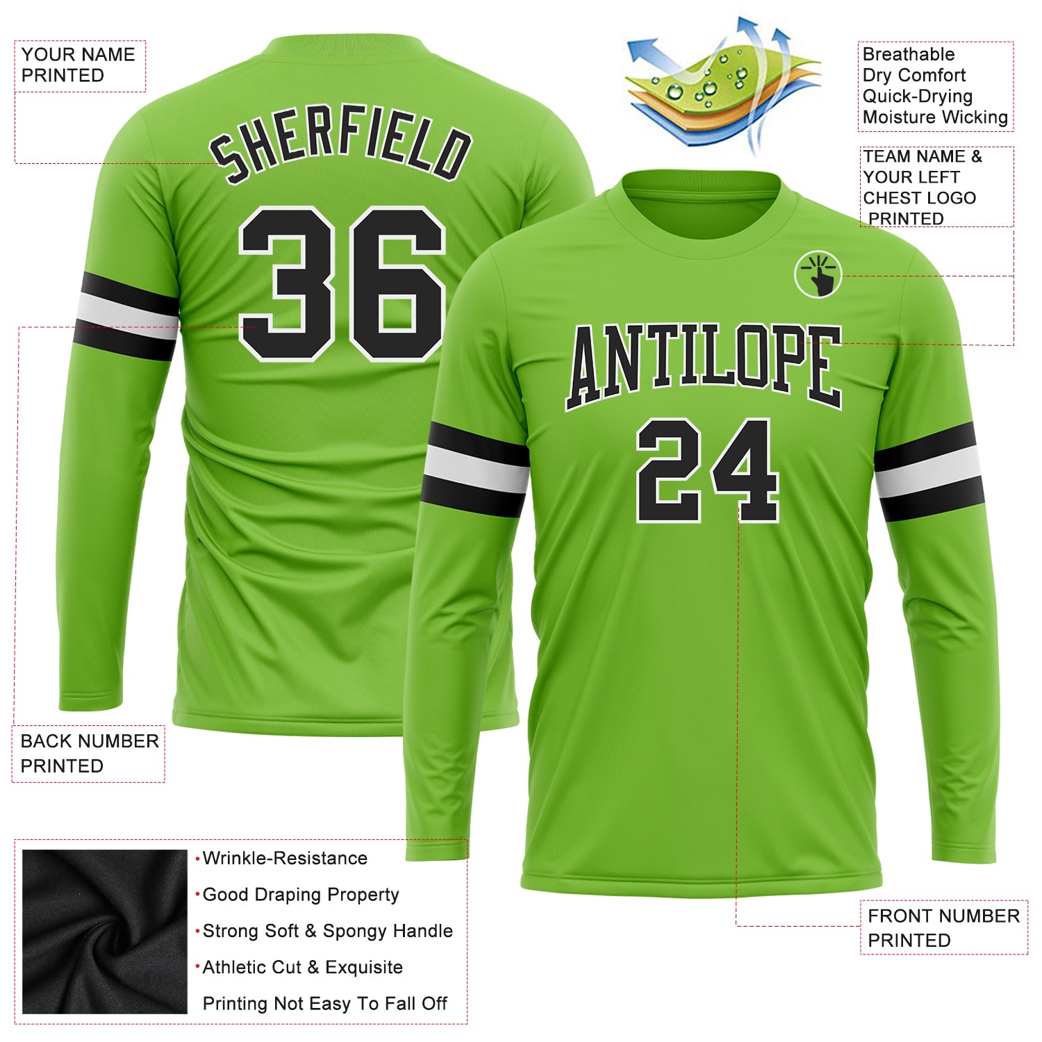 Personalized Neon Green Black-White Long Sleeve Performance T-Shirt Team Custom Name and Number Custom Team Name Number Long Sleeve Performance T-Shirt - Neon Green Black-White Personalized T-Shirt Personalized Neon Green - Image 3