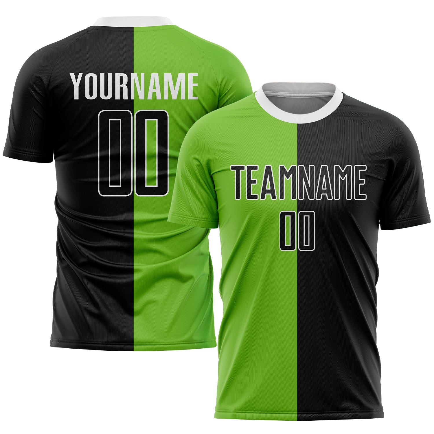 Custom Soccer Jersey with Neon Green Black White Design, Personalized Name and Number, Sublimation Split Fashion Uniform