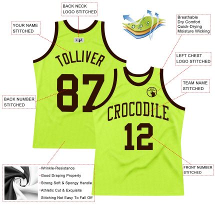 Custom Authentic Basketball Jersey - Personalized Neon Green Brown Retro Design with Team Name & Number Personalized Neon