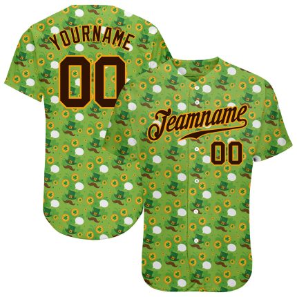 Custom St. Patricks Day Baseball Jersey with Personalized Neon Green and Brown-Gold 3D Pattern, Team Name and Number Personalized