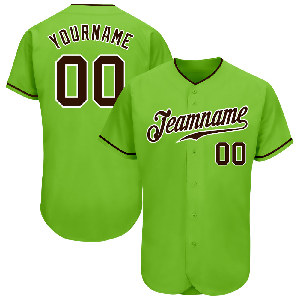 Custom Team Baseball Jersey with Personalized Name and Number - Authentic Neon Green Brown-White Design Personalized Neon