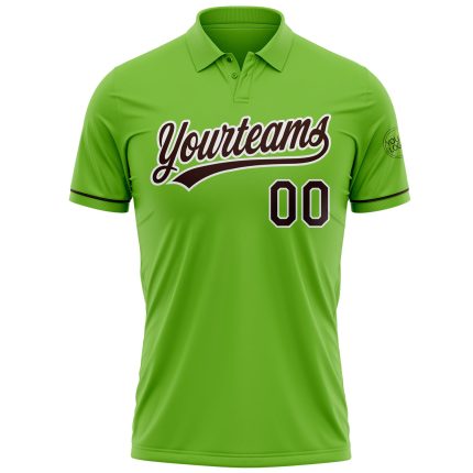 Custom Team Name Number Personalized Neon Green Brown-White Golf Polo Shirt Performance Personalized Neon Green Brown-White