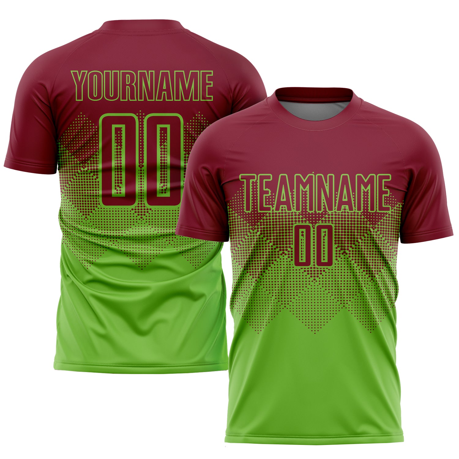 Custom Neon Green Soccer Jersey with Personalized Name & Number - Sublimation Team Uniform Personalized Neon Green Crimson