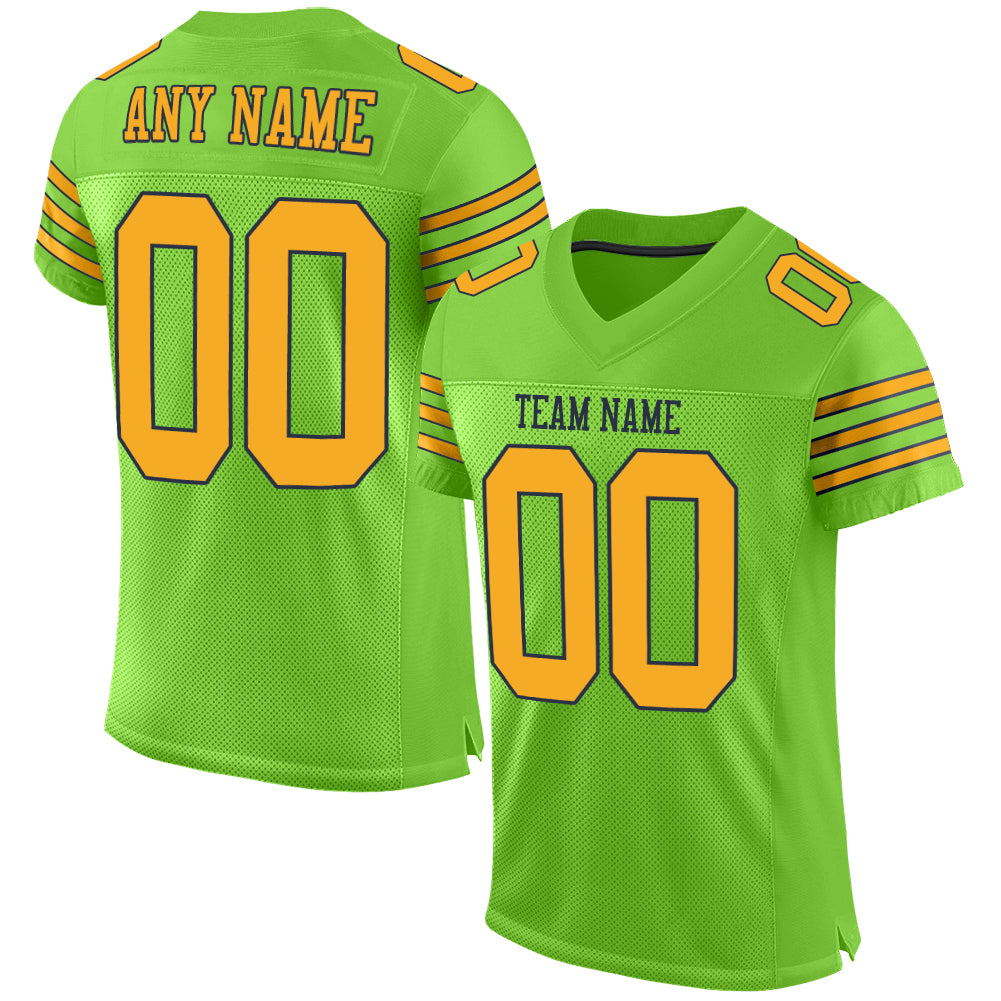 Personalized Neon Green Gold Navy Football Jersey - Authentic Mesh Design Personalized Neon Green Gold-Navy Mesh Authentic