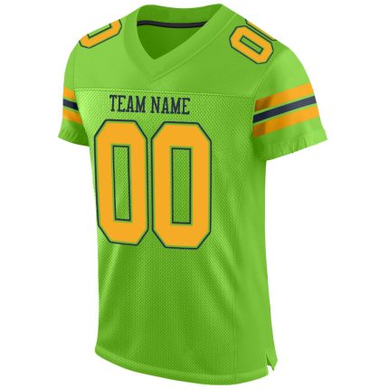 Custom Authentic Football Jersey with Personalized Name and Number - Neon Green Gold-Navy Mesh Design Personalized Neon Green