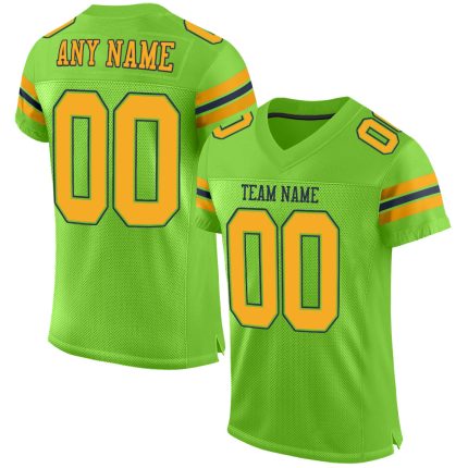 Custom Authentic Football Jersey with Personalized Name and Number - Neon Green Gold-Navy Mesh Design Personalized Neon Green