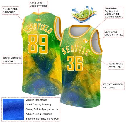 Custom Name Number Basketball Jersey - Personalized 3D Pattern Design Neon Green Gold White Abstract Psychedelic Style Personalized