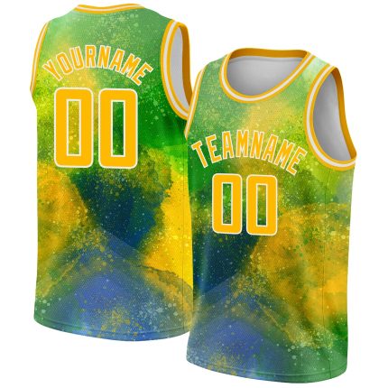 Custom Name Number Basketball Jersey - Personalized 3D Pattern Design Neon Green Gold White Abstract Psychedelic Style Personalized