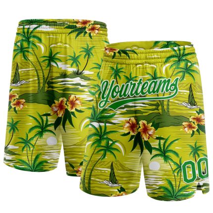 Custom Name & Number Basketball Shorts Tropical Hawaii Palm Trees 3D Pattern Neon Green Grass Green-White Design Personalized