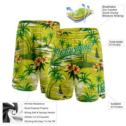 Custom Name & Number Basketball Shorts Tropical Hawaii Palm Trees 3D Pattern Neon Green Grass Green-White Design Personalized