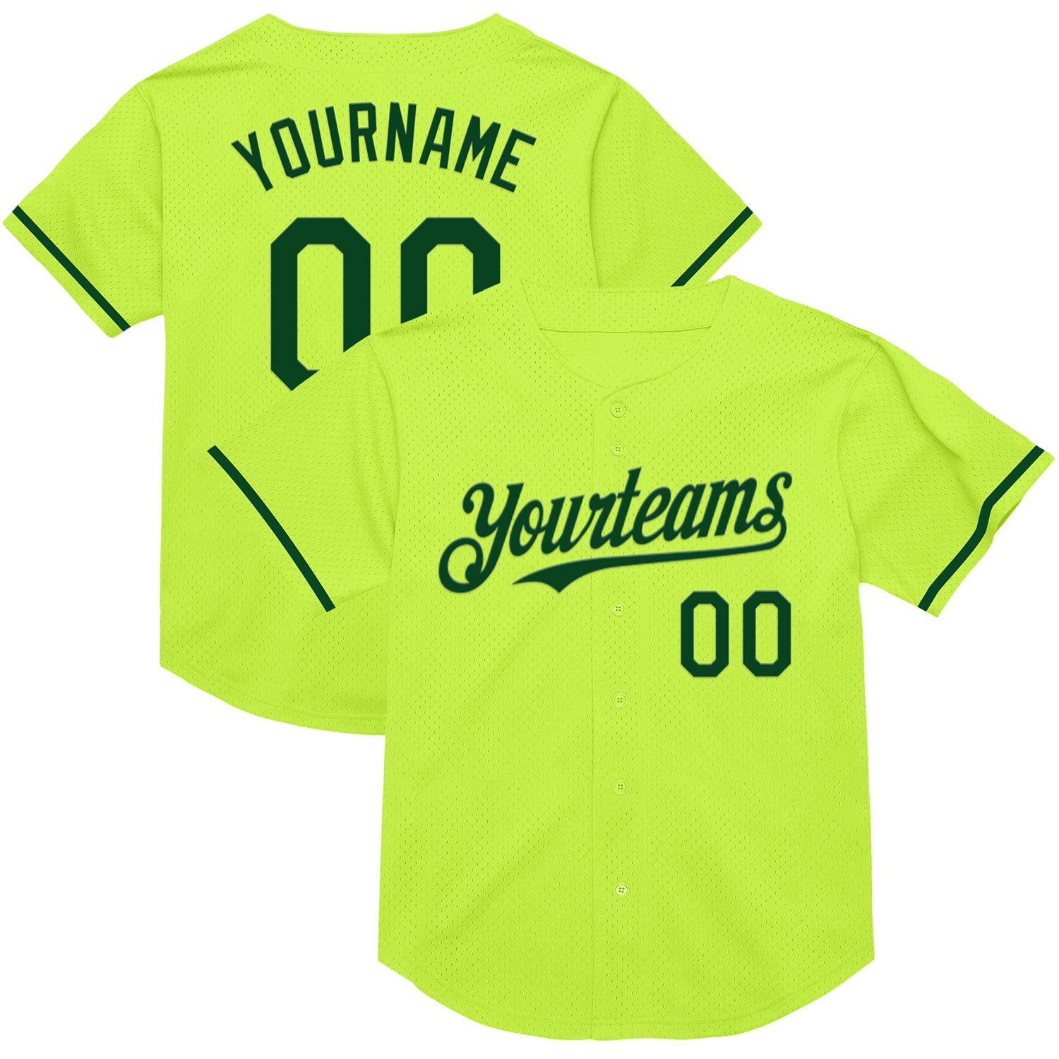 Custom Name and Number Neon Green Mesh Baseball Jersey - Authentic Throwback Team Style Personalized Neon Green Green Mesh