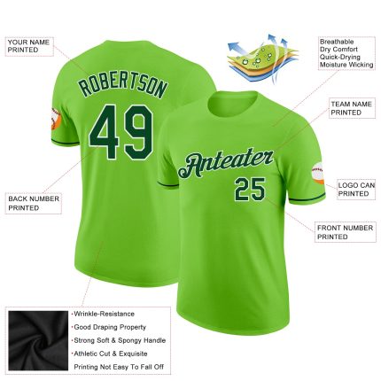 Custom Team Name Number Neon Green Performance T-Shirt - Personalized Green-White Sports Tee Personalized Neon Green Green-White