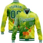 Custom Name Number Christmas 3D Bomber Varsity Letterman Jacket in Neon Green and Gold for Team - Personalized Gift Personalized