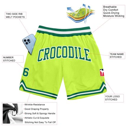 Personalized Neon Green Kelly Green White Throwback Basketball Shorts Personalized Neon Green Kelly Green-White Authentic