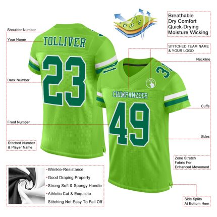 Custom Personalized Green White Football Jersey with Name and Number - Authentic Mesh Design Personalized Neon Green Kelly