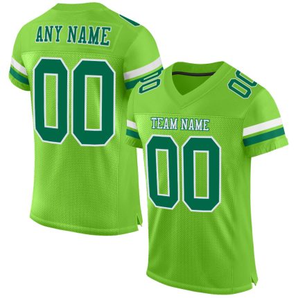 Custom Personalized Green White Football Jersey with Name and Number - Authentic Mesh Design Personalized Neon Green Kelly