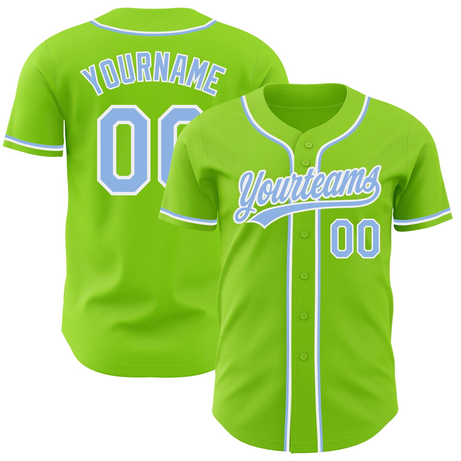 Custom Name Number Authentic Baseball Jersey in Neon Green Light Blue-White Personalized Neon Green Light Blue-White Authentic