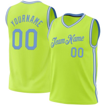 Personalized Throwback Basketball Jersey - Neon Green Light Blue-White Authentic Design Personalized Neon Green Light Blue-White