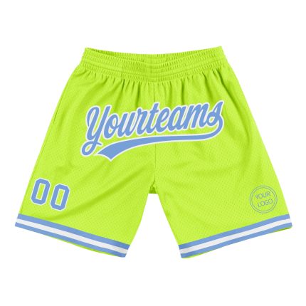 Personalized Neon Green Light Basketball Shorts - Authentic Throwback Style Personalized Neon Green Light Blue-White Authentic