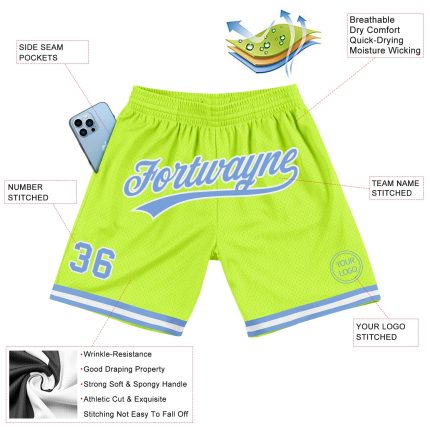 Personalized Neon Green Light Basketball Shorts - Authentic Throwback Style Personalized Neon Green Light Blue-White Authentic