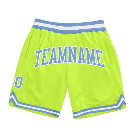 Custom Neon Green Basketball Shorts with Team Name & Number - Authentic Throwback Style Personalized Neon Green Light Blue-White