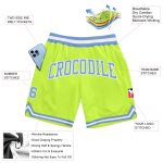 Custom Neon Green Basketball Shorts with Team Name & Number - Authentic Throwback Style Personalized Neon Green Light Blue-White