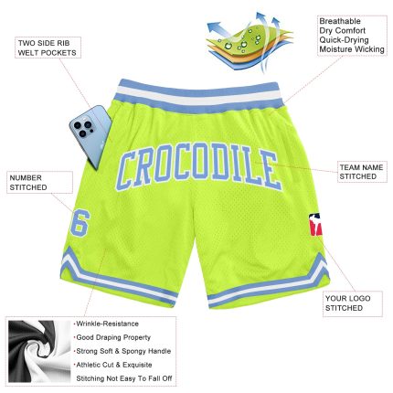 Custom Neon Green Basketball Shorts with Team Name & Number - Authentic Throwback Style Personalized Neon Green Light Blue-White